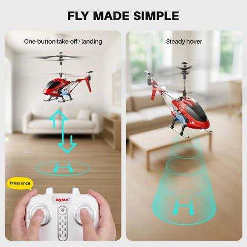 Durable Alloy RC Helicopter For Kids And Beginner Friendly With Altitude Hold Two Speed Modes Easy Indoor Flight Kid Friendly Remote Control Toy Gift For Boys And Girls demonstrating one-button takeoff and steady hover indoors.