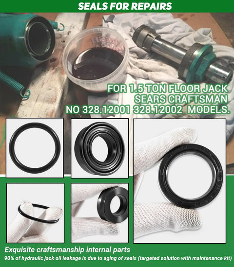1.5 Ton Floor Jack Seal Replacement Kit with O Rings, Piston, Washer for Sears 328.12001/02, parts and tools displayed