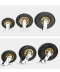 Heavy Duty Beefy Rubber Caster Wheels With Air Filled Tires That Rolls Smooth On Any Surface Includes Two Swiveling Casters And Two Fixed Brackets, showcasing varying sizes and sturdy steel mounts.