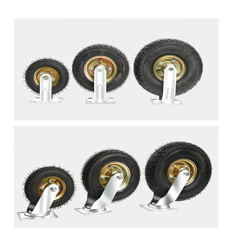 Heavy Duty Beefy Rubber Caster Wheels With Air Filled Tires That Rolls Smooth On Any Surface Includes Two Swiveling Casters And Two Fixed Brackets, showcasing varying sizes and sturdy steel mounts.