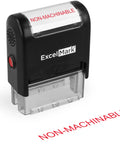 No Sweat Self Inking Rubber Stamp With Sharp Red Ink And A Solid Non Machinable Mark Plus Easily Refillable Pads For Effortless Office And Logistics Work Always Top Notch at an angle with visible text.
