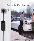 Level 2 Electric Vehicle Charger 40 Amp 240 Volt NEMA 14 50 Plug 16 Ft Cable charging Tesla Model 3 by two people outdoors.