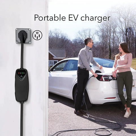 Level 2 Electric Vehicle Charger 40 Amp 240 Volt NEMA 14 50 Plug 16 Ft Cable charging Tesla Model 3 by two people outdoors.