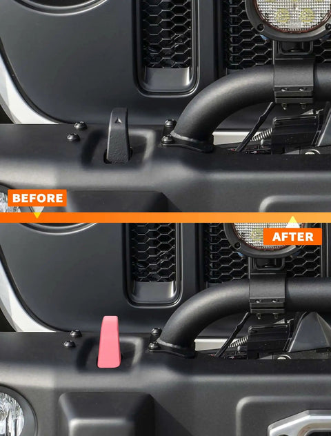Before and after installation of Pink 2-Piece Front Bumper Tow Hook Covers For Jeep Wrangler JK JL 4xe And Gladiator JT 2007-Present