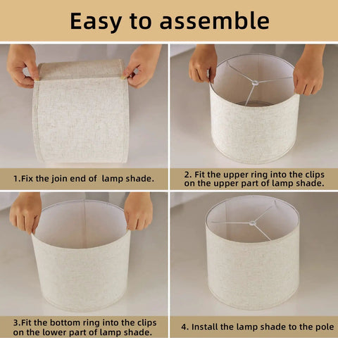 Assembly steps of Natural Linen Lamp Shades Set Of 2 for table, floor, and bedside lamps, fabric drum style, flaxen white