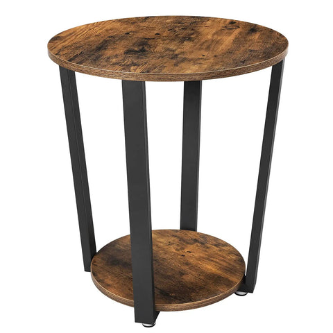 Round Side End Table Featuring Two Tier Storage Shelf No Sweat Assembly Nightstand For Cramped Rooms Super Sleek Bedside Accent Table In Rustic Brown And Ink Black For Living Space Or Bedroom Decor Total Haul with top view and lower shelf.