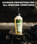 Plant Powered Bike Chain Lubricant 3.2 Oz Pack Of 1 bottle on bicycle part, eco-friendly, no Teflon, suitable for all weather.