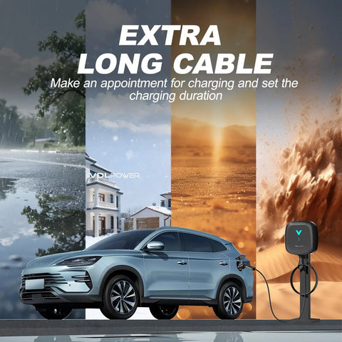 Fast Level 2 EV Charger Wall Mount 9.6KW 40 Amp With NEMA 14-50 Plug 24 Ft J1772 Cord charging a vehicle in various weather settings.