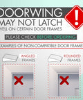 Doorwing compatibility warning graphic showing non-compatible angled and rounded door frames for Adjustable Portable Door Lock.