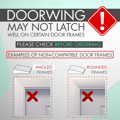 Doorwing compatibility warning graphic showing non-compatible angled and rounded door frames for Adjustable Portable Door Lock.