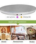Motorized Swivel Turntable With Remote Control, 360 Degree Rotating Display Stand shown with usage in hotel, restaurant, and home.