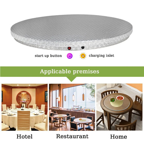 Motorized Swivel Turntable With Remote Control, 360 Degree Rotating Display Stand shown with usage in hotel, restaurant, and home.