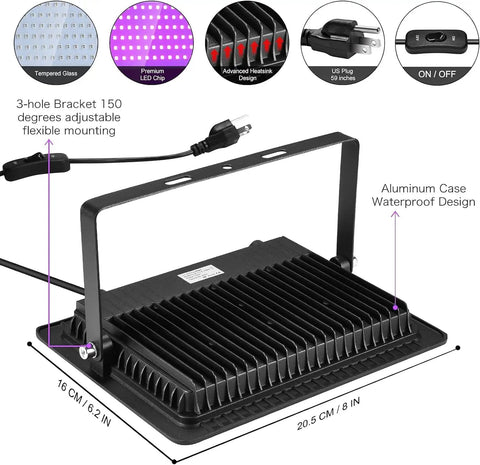 Triple Pack 100W LED Black Lights Flood Lamps With Plug And Switch, 120V IP66 Waterproof Blacklight, product details diagram
