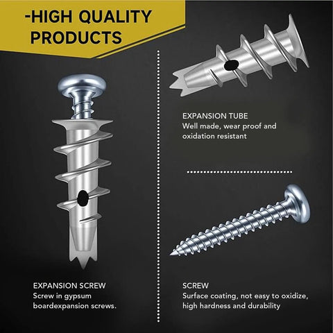 Heavy Duty Wall Anchor Kit With Screws And Drill Bits zinc alloy drywall anchors, expansion tube and screw detail