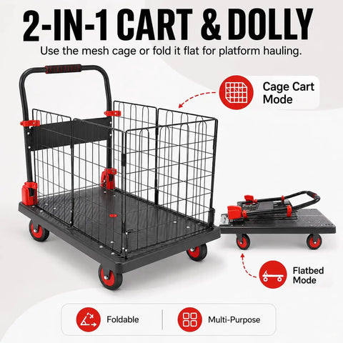 Foldable Cage Cart And Flatbed Hand Truck 2 In 1 Multi Purpose Dolly With 660 Lbs Capacity For Grocery Laundry Garage Warehouse Four Swivel Wheels Heavy Duty All In One in cage and flatbed modes