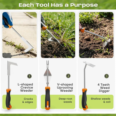 Three In One Weed Puller Tool Set With Ergonomic Handle And Stainless Steel Heads for gardens lawns patios driveways use