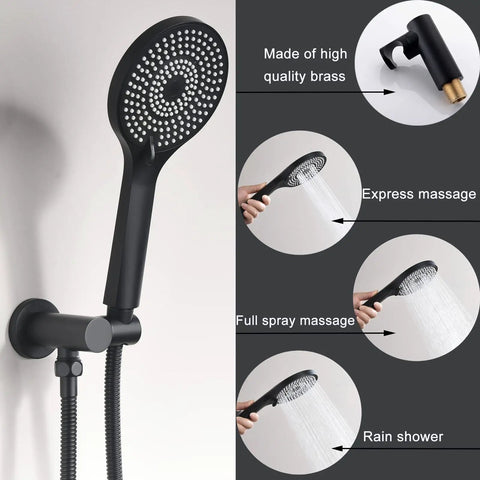 Matte Black High Pressure Shower System With 9 Inch Round Shower Head And 3 Handle Wall Mounted Faucet, Rough-In Valve Included, multiple spray modes
