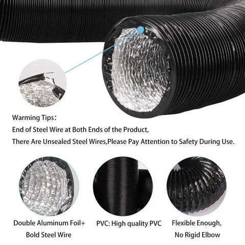 Close-up of 4 Inch Flexible Aluminum Air Ducting 10 Ft Long Beefed Up Heavy Duty White, showing interior layers and warning tips.