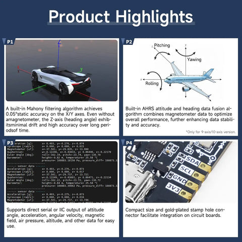 Versatile 9 Axis IMU Module With Accelerometer Gyroscope Magnetometer And Digital Motion Processor For AHRS Pitch Roll And Yaw Angles, The Go To Choice For Drones Robots And Balancing Vehicles, product highlights panel