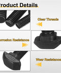 Product details showing Top Shelf Kickass T Slot Drop In Bolts M6 X 16 Millimeter Hammer Head Screws with clear threads and corrosion resistance.