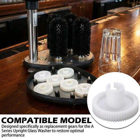 Replacement Gear Set For A Series Upright Glass Washer 6 Pack White Plastic Gears next to upright washer with glass