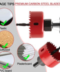 Nine Piece Hole Saw Set With Mandrel, Drill Rod, Hex Wrench, Spare Drill Bit, And Case cutting through softwood and PVC board.