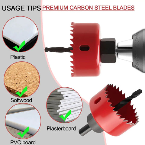 Nine Piece Hole Saw Set With Mandrel, Drill Rod, Hex Wrench, Spare Drill Bit, And Case cutting through softwood and PVC board.