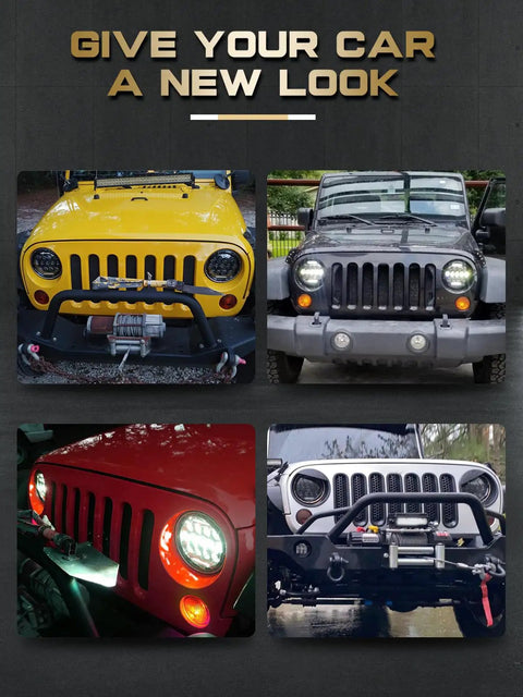 Four Jeep Wranglers showcasing 7 Inch Round LED Headlights H6024 Hi Lo Beam DRL DOT Approved Black Housing Bright 6000K 6000LM.
