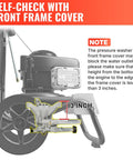 Side view of a pressure washer demonstrating the 3-inch clearance for front frame cover with instructions.