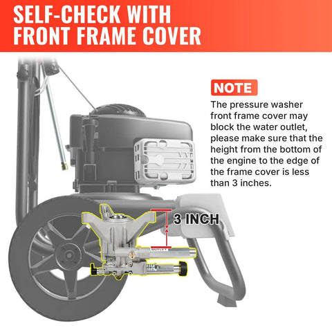 Side view of a pressure washer demonstrating the 3-inch clearance for front frame cover with instructions.