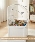 White toy box with 2 Pack Adjustable Lid Support Hinges for Wooden Toy Boxes and Small Storage Cabinets with Soft Close showing lid angle