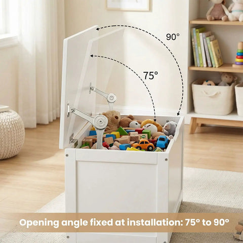 White toy box with 2 Pack Adjustable Lid Support Hinges for Wooden Toy Boxes and Small Storage Cabinets with Soft Close showing lid angle