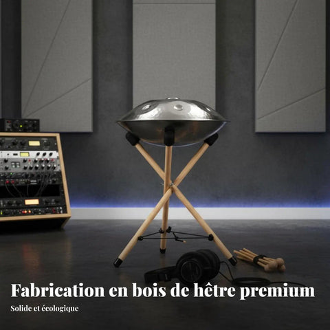 Badass Heavy Duty Portable Foldable Drum Rack Crafted From Premium Beech Wood Tripod Stand with steel drum on studio floor.