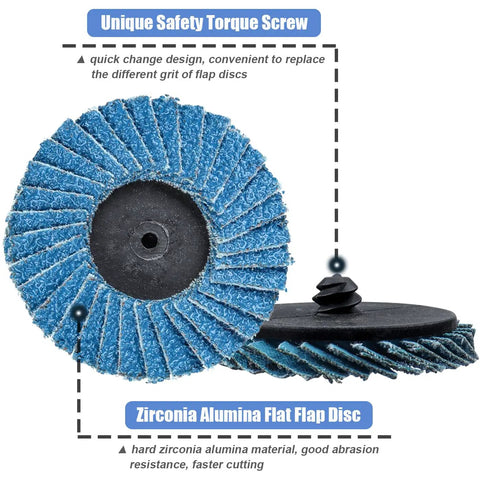 Close-up of 2-inch zirconia alumina flap disc from 15 Piece Two Inch Roll Lock Flap Disc Kit For Die Grinders With 40 60 80 Grit Quick Change Abrasives One Quarter Inch Shank Pad Holder Surface Conditioning Rust Removal And Smooth Finishing
