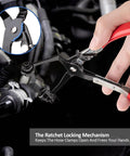 9PCS Hose Clamp Pliers Set by Amazon; red locking pliers grip a hose clamp on an engine, inset shows ratchet mechanism.