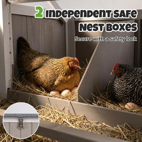 78 Inch Mobile Chicken Coop With Wheels For Easy Backyard Flock, showing chickens in nesting box with safety lock