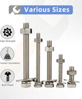 Various sizes of bolts with M10 Split Lock Washers Pack Of 200 In 304 Stainless Steel 18-8 Bright Finish for durability.