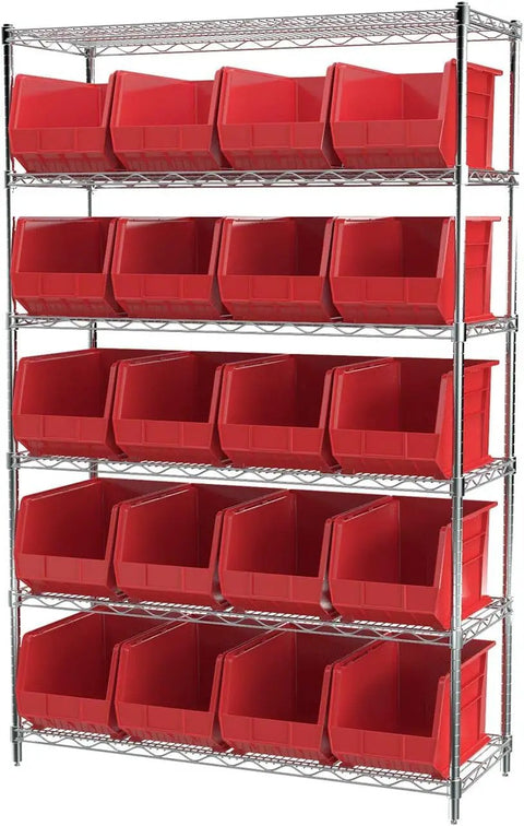 Heavy Duty Stackable Plastic Storage Bins For Garage Pantry And Craft Rooms Space Saving Organizer That Can Hold Up To 60 Pounds Measures 18 By 11 By 10 Inches Red 6 Pack on metal shelves