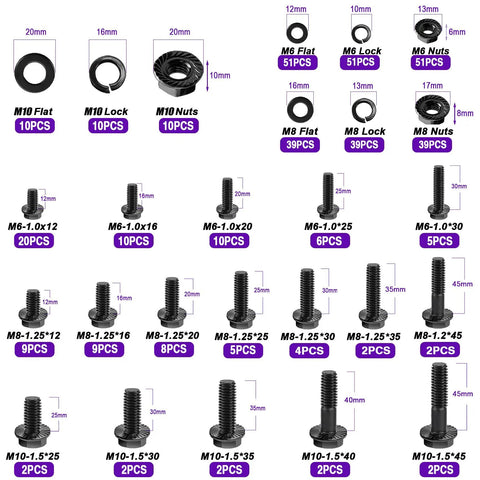 400 Piece Metric Flange Bolt Set With 10.9 Grade M6x1.0 M8x1.25 And M10x1.5 Bolts From 12mm To 45mm Black Zinc Plated Hex Bolts Nuts And Washers