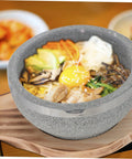Korean Stone Bowl Set With Wooden Base For Bibimbap Soup And Rice Keeps Food Hot Longer With Durable Granite Stoneware shown with bibimbap