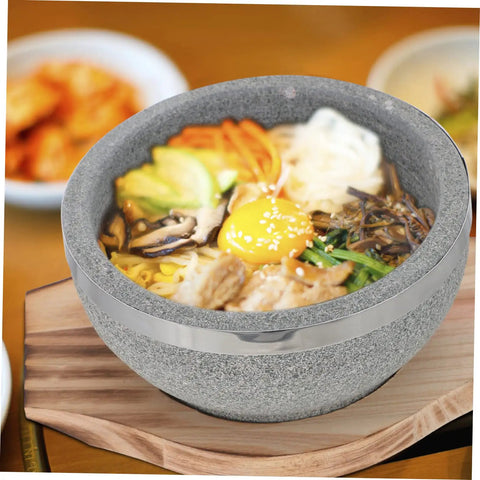Korean Stone Bowl Set With Wooden Base For Bibimbap Soup And Rice Keeps Food Hot Longer With Durable Granite Stoneware shown with bibimbap