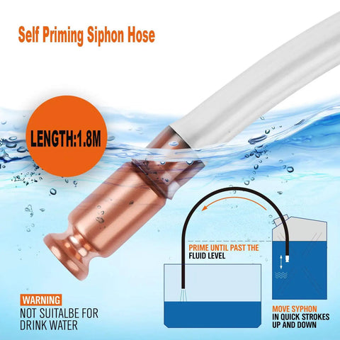 Self Priming Siphon Hose Kit With Auto Shutoff Valve, 6 Ft Half Inch Transfer Hose, silicone hose illustration, warning label