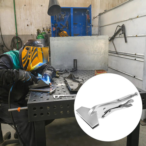 Welder using Locking Sheet Metal Clamp Set, 8 Inch Alloy Steel Pliers For Welding on a metalworking bench