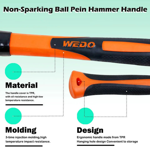 No Spark 15 Piece Tool Set with Beryllium Copper Tools; non-sparking ball pein hammer handle with TPR material and design details