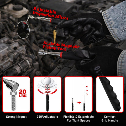Three Piece Pro Magnetic Tool Mat Set With Pickup Tool Telescoping Magnetic Inspection Mirror Flexible PVC Pad in use