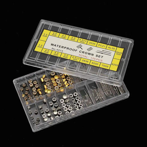 Watch Stem Extender And Crown Repair Kit With Box, Replacement Tool Set, open showing various crowns and extenders in compartments