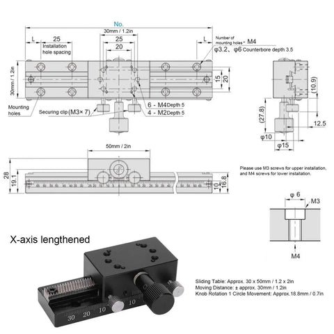 High Precision Linear Translation Stage 30x50mm Aluminum Sliding Table With Manual Rack And Pinion Rail For Reliable Linear Motion Equipment And Fine Positioning In CNC Lab And Pro Grade Automation Setups, dimensioned drawing and black stage