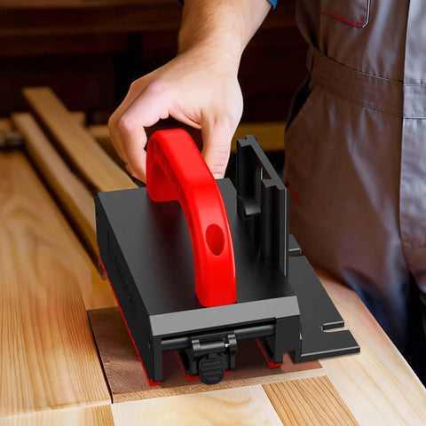 Adjustable Push Block For Table Saw And Router Table With Safe And Stable Grip Sliding Height And Base Width Heavy Duty Anti Slip Woodworking Pusher For Jointer And Band Saw in use on a wooden board