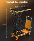 CAMMOO hydraulic lift table cart, yellow; 49.6 in lift height, 330 lb capacity, wheeled with non-slip pad.