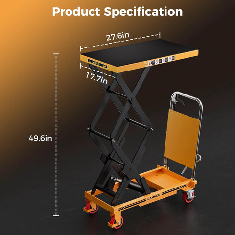 CAMMOO hydraulic lift table cart, yellow; 49.6 in lift height, 330 lb capacity, wheeled with non-slip pad.